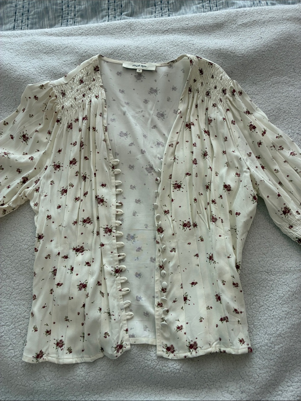 Light Cream Floral Button-Front Blouse with Smocked Shoulders